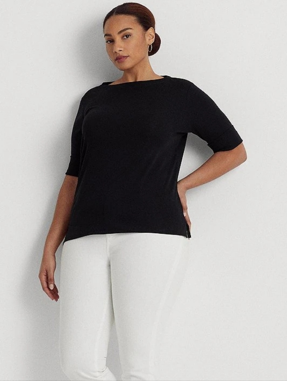 Lauren Ralph Lauren Stretch Cotton Elbow Sleeve Top In Black Size 1X